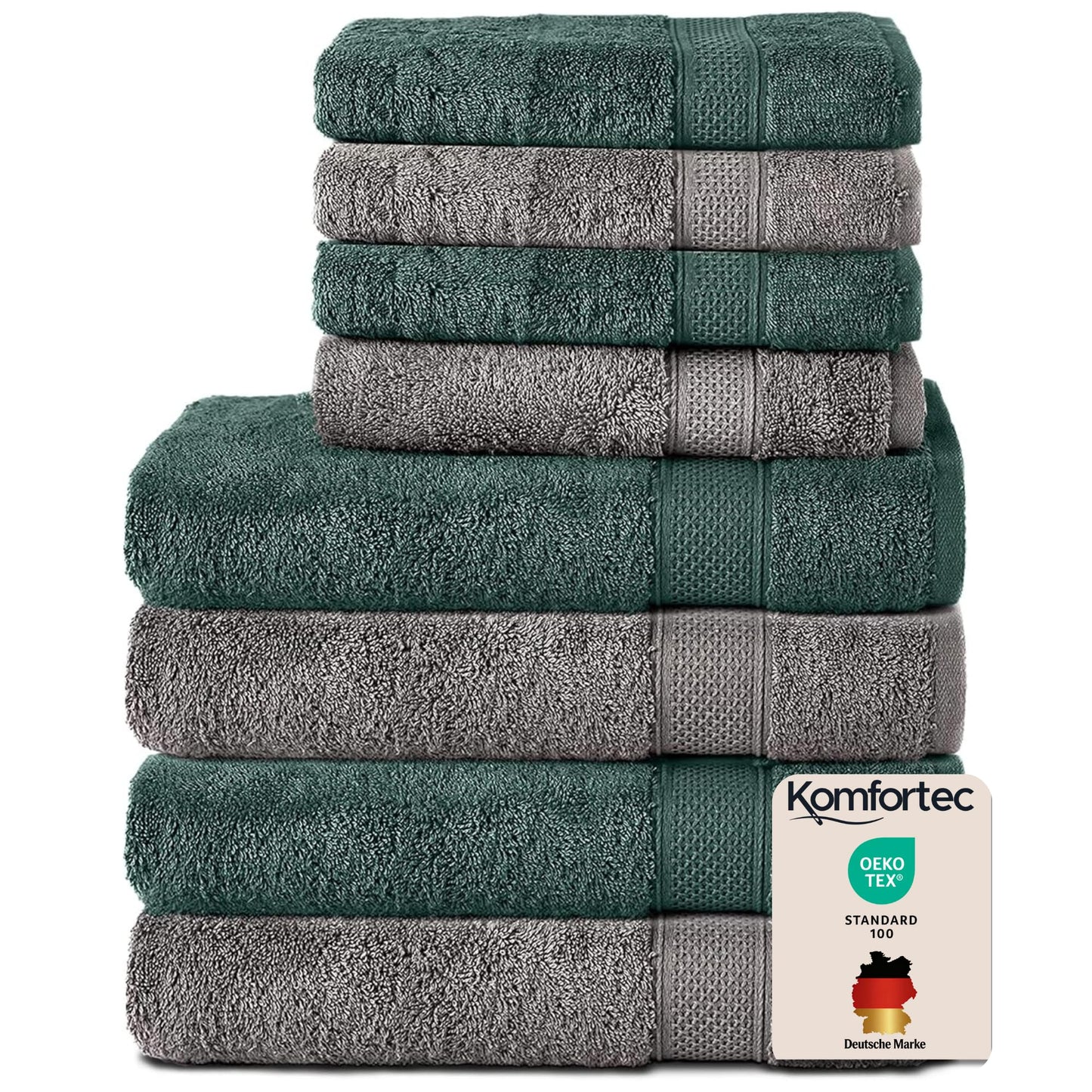 Komfortec 8 Piece Towel Set 100% Cotton Charcoal Dark Green