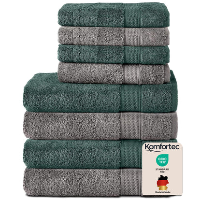 Komfortec 8 Piece Towel Set 100% Cotton Charcoal Dark Green
