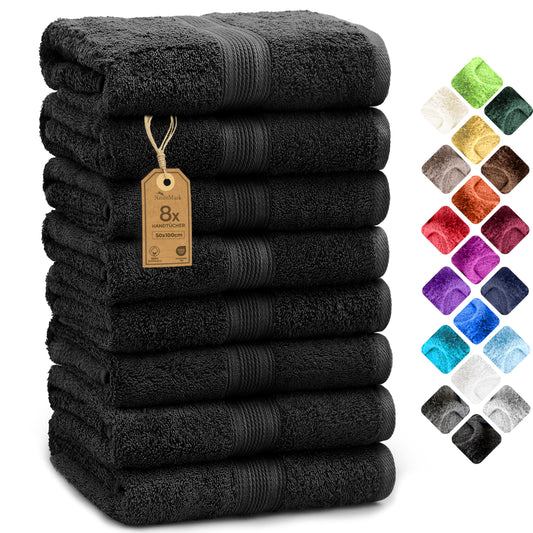 NatureMark 8 Hand Towels Set - 100% Cotton - Soft and Absorbent Bathroom Towels, Durable and Comfortable, Size 50 x 100 cm, Black