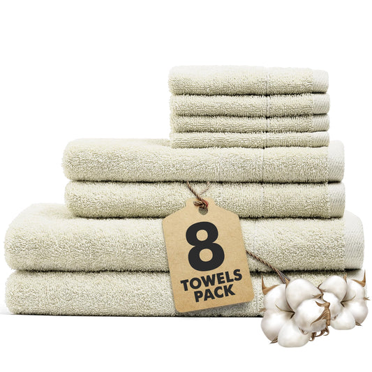 Novo Home Bath Towels Set of 8 ? 100% Cotton Ivory Towel Set Bale Includes 2 Bath, 2 Hand, 4 Face Towels ? Soft, Absorbent & Quick Dry Towel for