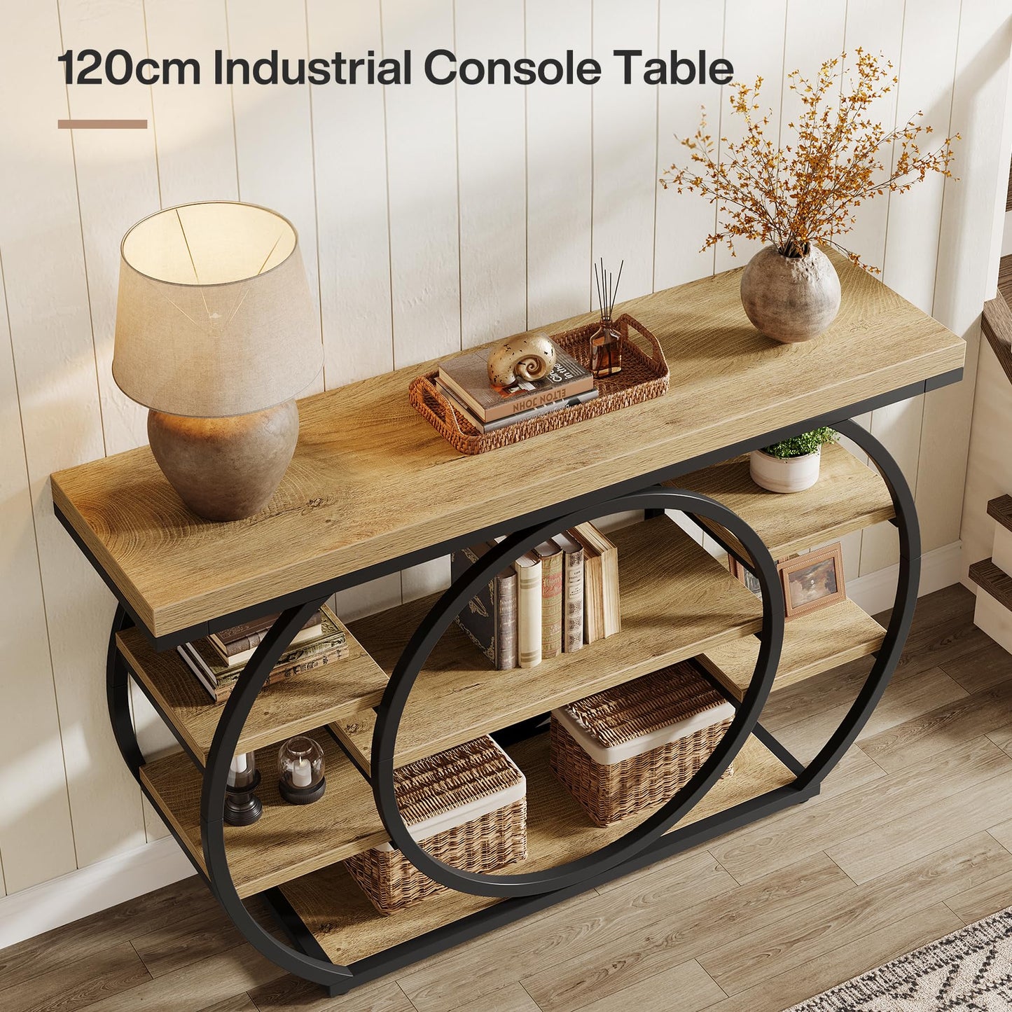 Tribesigns Circle Base Console Table | Narrow Entryway Table 120x30x80cm | 4-Tier Storage Shelf | Industrial Farmhouse Hallway Sofa Table,Rustic