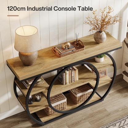 Tribesigns Circle Base Console Table | Narrow Entryway Table 120x30x80cm | 4-Tier Storage Shelf | Industrial Farmhouse Hallway Sofa Table,Rustic