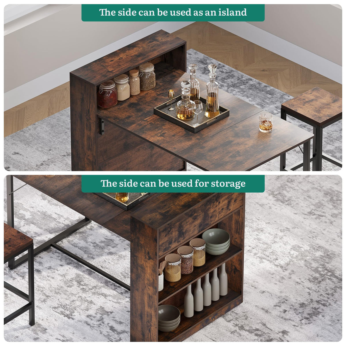 YITAHOME Dining Table with Storage Shelves, Rustic Brown and Black