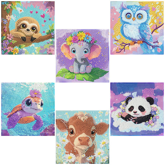 6 Pack Cartoon Diamond Art Kits for Kids Ages 6-8-10-12,Colorful Cute Animals Full Drill Diamond Painting Kits for Kids,Easy DIY Gem Mosaic Kit Art