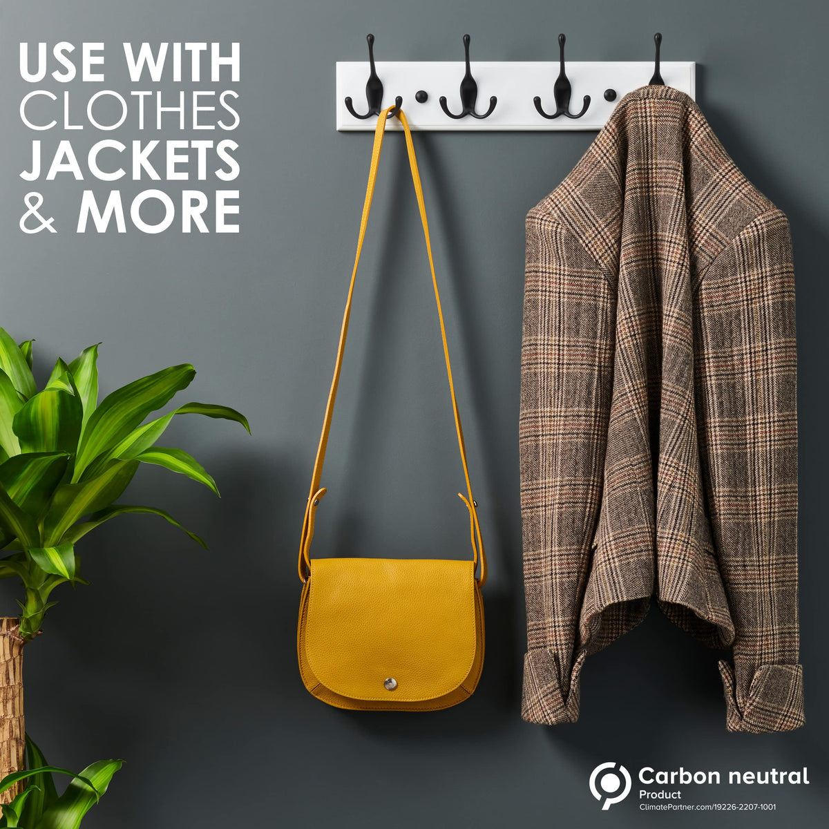 LARHN White Wall-Mounted Coat Rack - 4 Black Coat Hooks, 42cm
