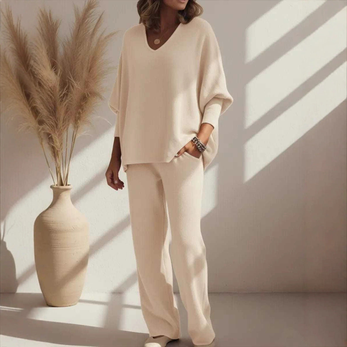 V-neck Long-sleeved Top Knitted Home Pants Suit 2-piece Set