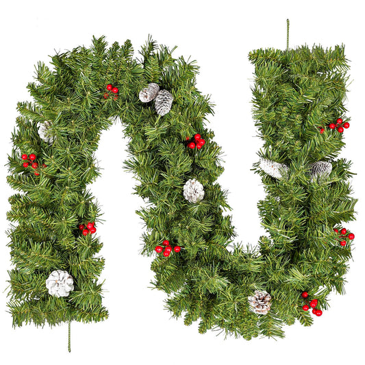9FT/2.7m Christmas Garland, Uten Fireplace Garland Christmas, Realistic Green Christmas Garland with Pine Cones Red Berries Garland Decorations for