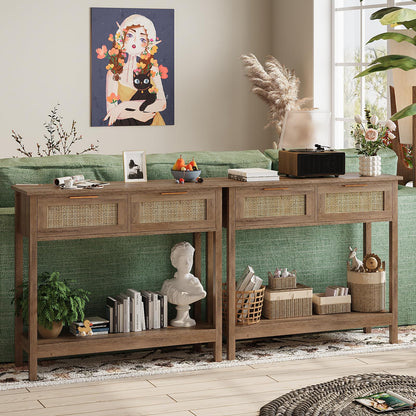 Trironsun Boho Rattan Console Table with 2 Drawers 2 Tier Entryway Table Farmhouse Wood Sofa Table with Open Storage Shelf for Living Room Hallway