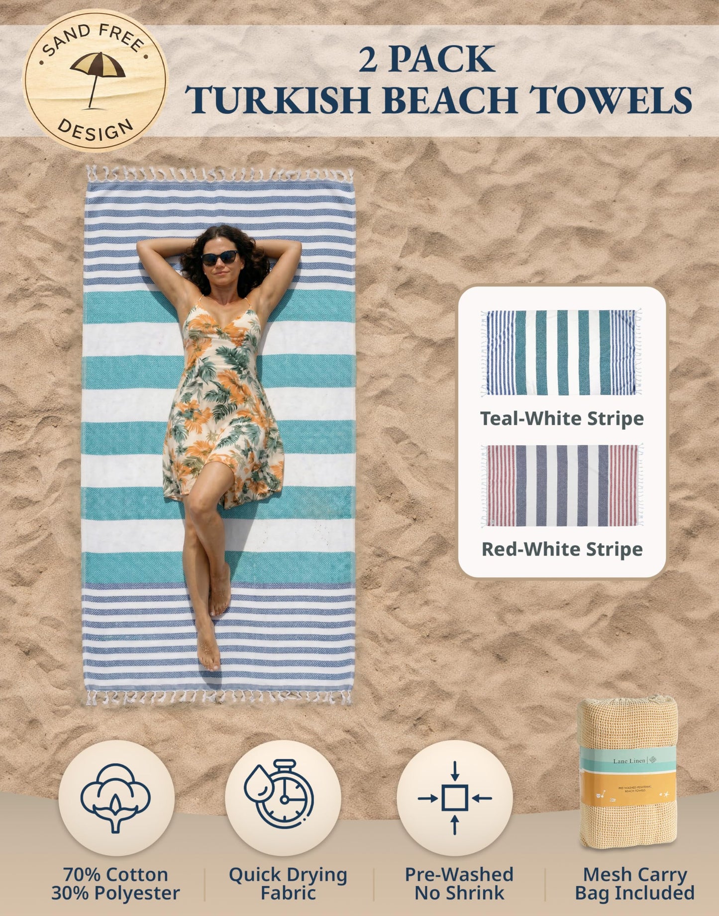 LANE LINEN Beach Towels For Women, 2 Pack Large Turkish Towels Oversized, Pre-Washed, No-Shrink Sand Free Towel, Quick Dry