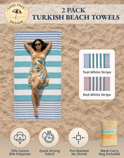 LANE LINEN Beach Towels For Women, 2 Pack Large Turkish Towels Oversized, Pre-Washed, No-Shrink Sand Free Towel, Quick Dry