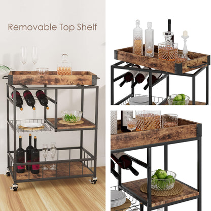 Huhote Serving Trolley, Brown Wood Grain, 3-Tier Shelf, Wine Rack, Wheels with Brakes, Ideal for Kitchen, Dining Room, Living Room, Bar, Party