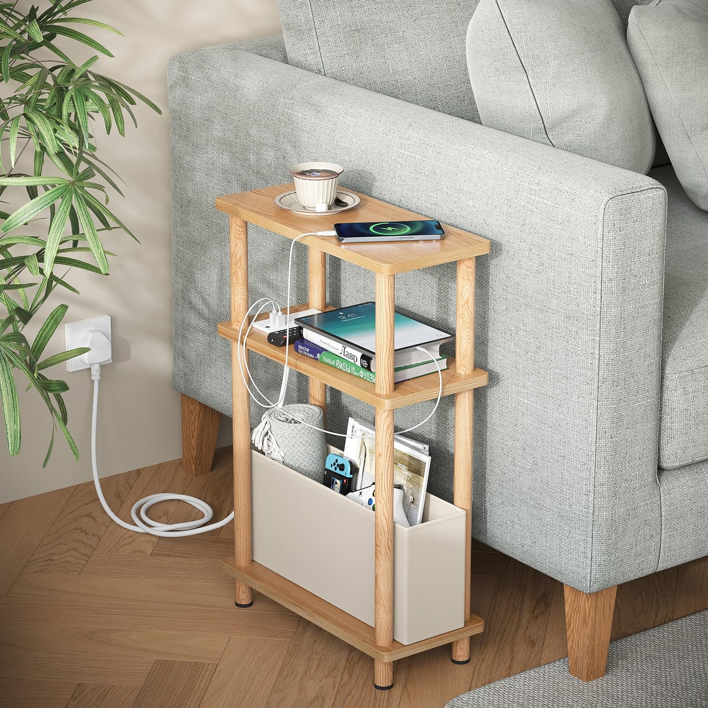 APICIZON Narrow Side Table, 3 Tier Bed Side Table, Slim End Table with Charging Station, for Living Room, Bedroom