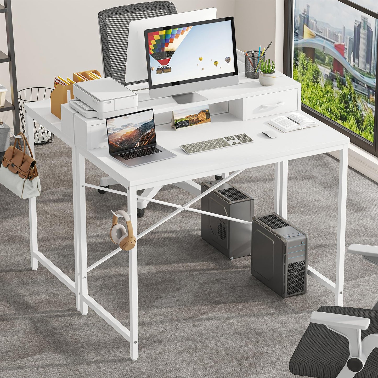 Feonase Industrial-Style Computer Desk with Elevated Monitor Riser & Dual Drawers – 100cm Wide MDF Desktop for Home Office