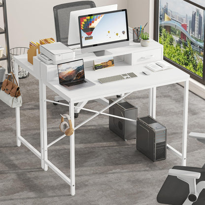 Feonase Industrial-Style Computer Desk with Elevated Monitor Riser & Dual Drawers – 100cm Wide MDF Desktop for Home Office