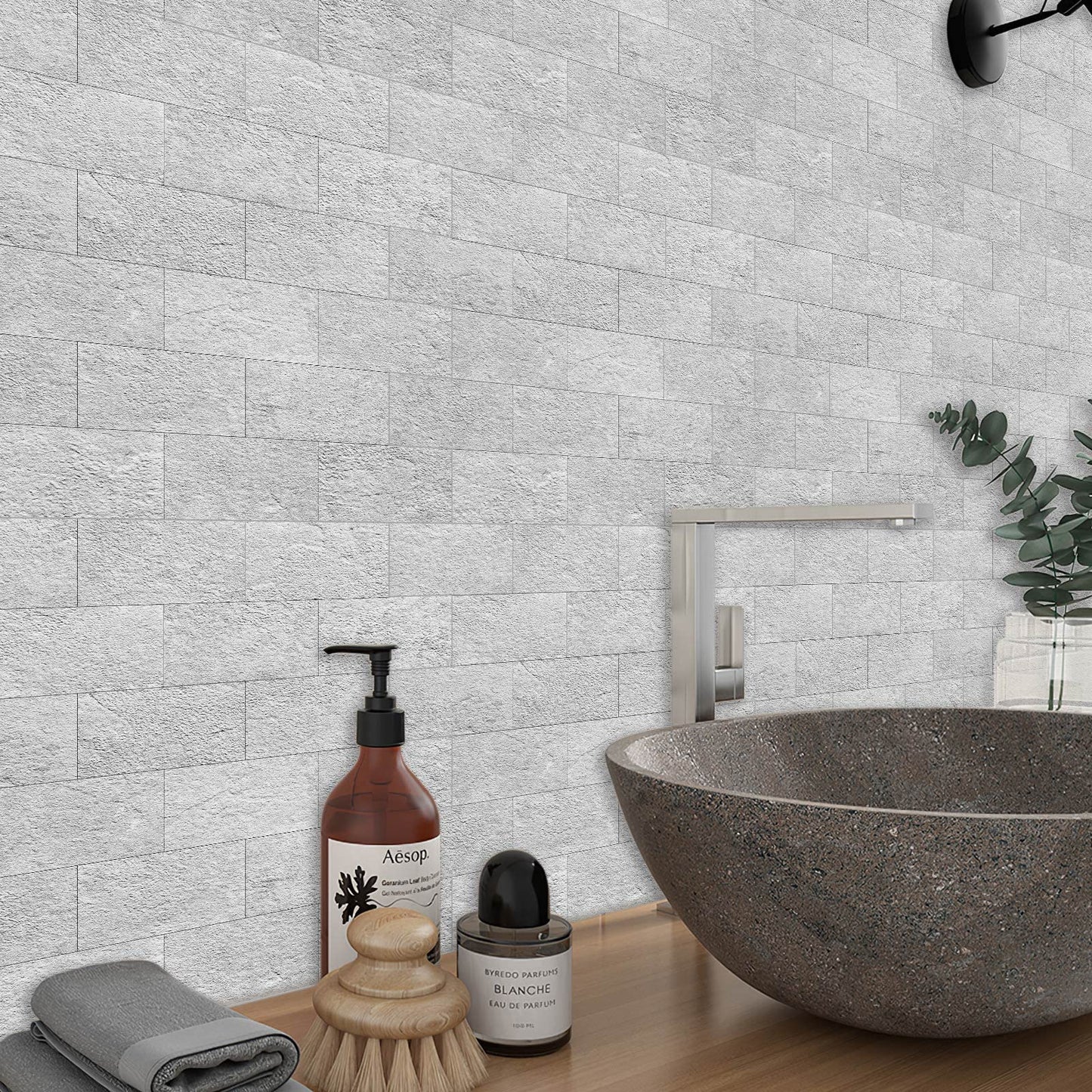 DEWOO 20-Sheet Peel and Stick Self Adhesive Wall Tiles Grey for Kithcen Bathroom Sticky Splashback Panel Stone Look Covering (13.5" x 11.4")