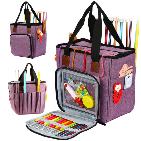 JOZEA Large Knitting Tote Bag, Normal Capacity Knitting Projects Organizer for Yarns, Crochet Hooks, Knitting Needles (Purple)