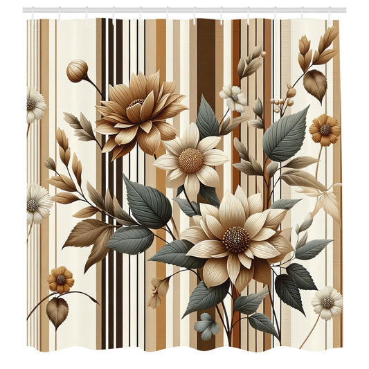 ABAKUHAUS Tan Shower Curtain, Retro Sepia Flowers and Stripes, Cloth Fabric Bathroom Decor Set with Hooks, 175 x 200 cm, Almond Dark Reseda Green
