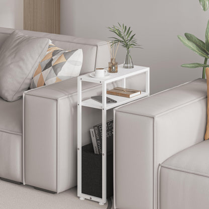 JERX Narrow Side Table with Fabric Basket, End Table for Small Spaces, Slim Side Table with Magazine Rack for Living Room Office Bedroom and Bathroom