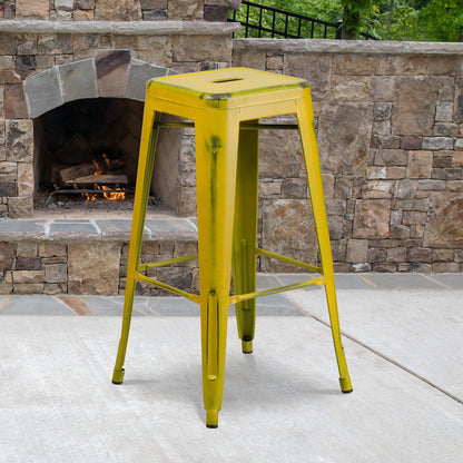 Flash Furniture Commercial Grade 4 Pack 30" High Backless Distressed Yellow Metal Indoor-Outdoor Barstool