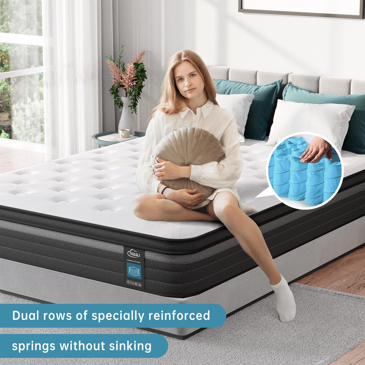 TeQsli Individually Pocket Sprung King Mattress 5FT with Soft Fabric, 9 Inch Hybrid Mattress King for Pressure & Back Pain Relief