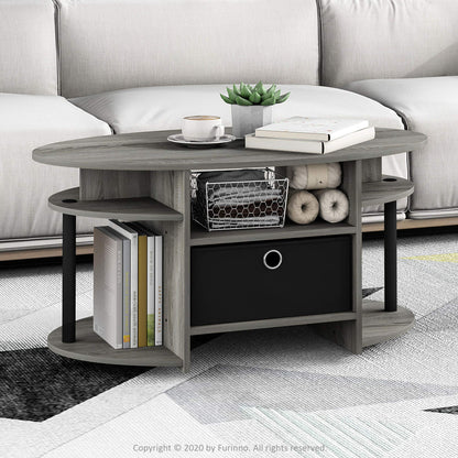 Furinno JAYA Coffee Table, Oval Modern Coffee Table with Shelves and Storage Bin, Side Table, for Living Room, Bedroom, Home Office, French Oak
