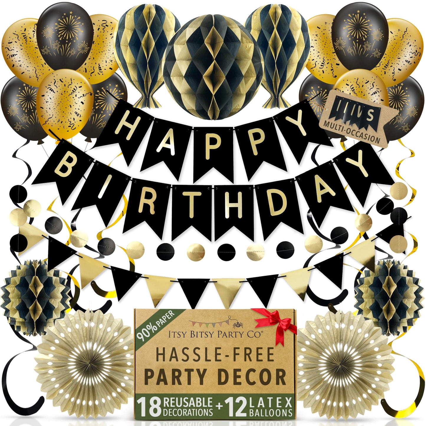 Premium Reusable Birthday Decorations - Multi-occasion Happy Birthday Banner also spells Party Day + more, Fast Assembly with Velcro - Black and Gold