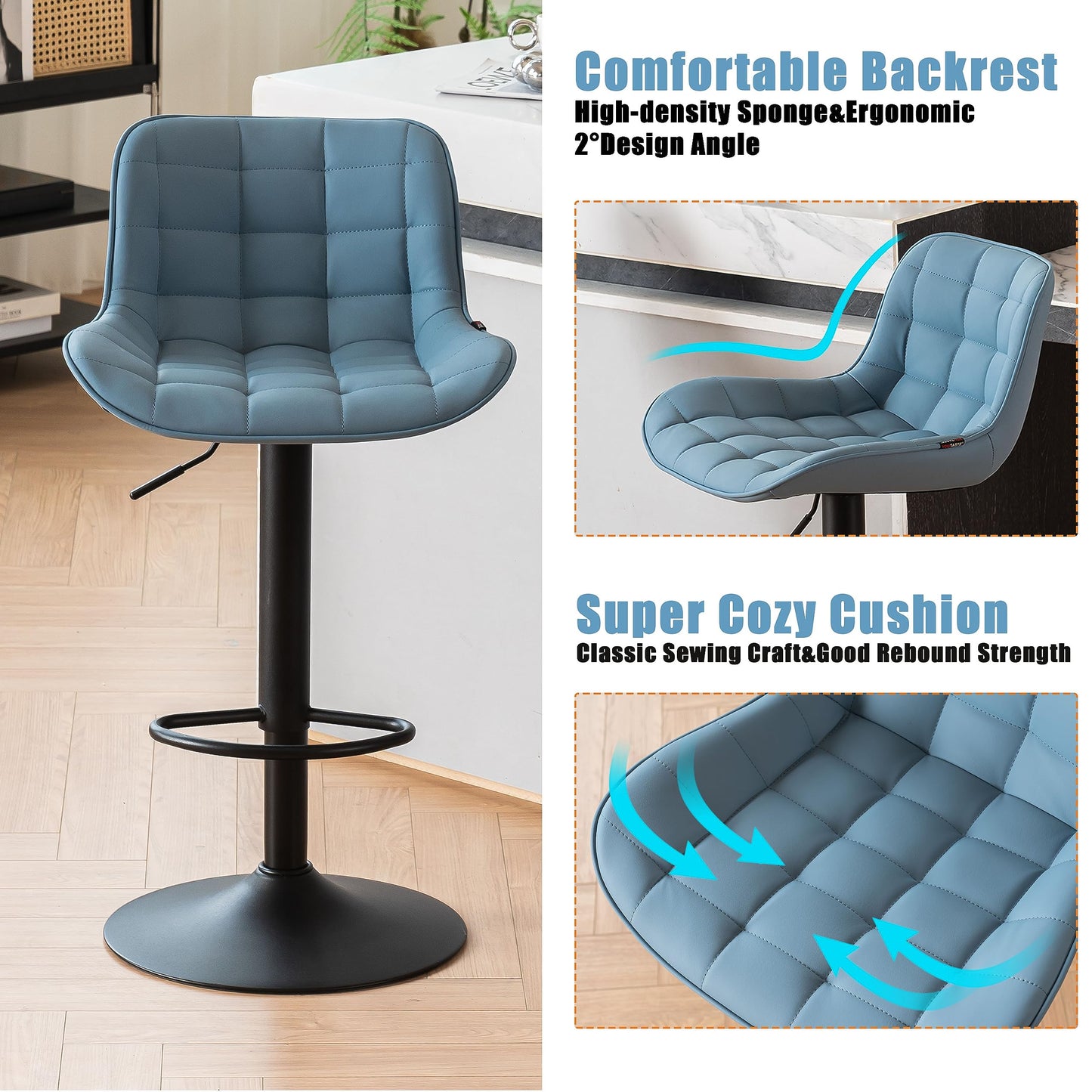 YOUTASTE Modern Bar Stools Set of 2, PU Leather Height Adjustable Swivel Chair with Backrest & Footrest, Height Counter Stools for Breakfast Bar
