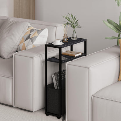JERX Narrow Side Table with Fabric Basket, End Table for Small Spaces, Slim Side Table with Magazine Rack for Living Room Office Bedroom and Bathroom