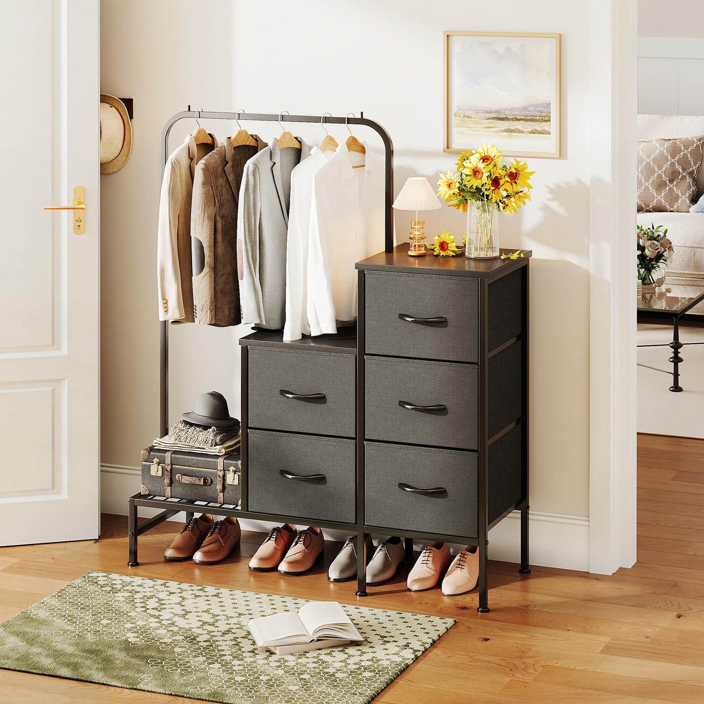 COTUBLR Chest of Drawers Bedroom, Including 4 Fabric Drawers, with a Sturdy Clothes Rail and 2 Coat Hooks