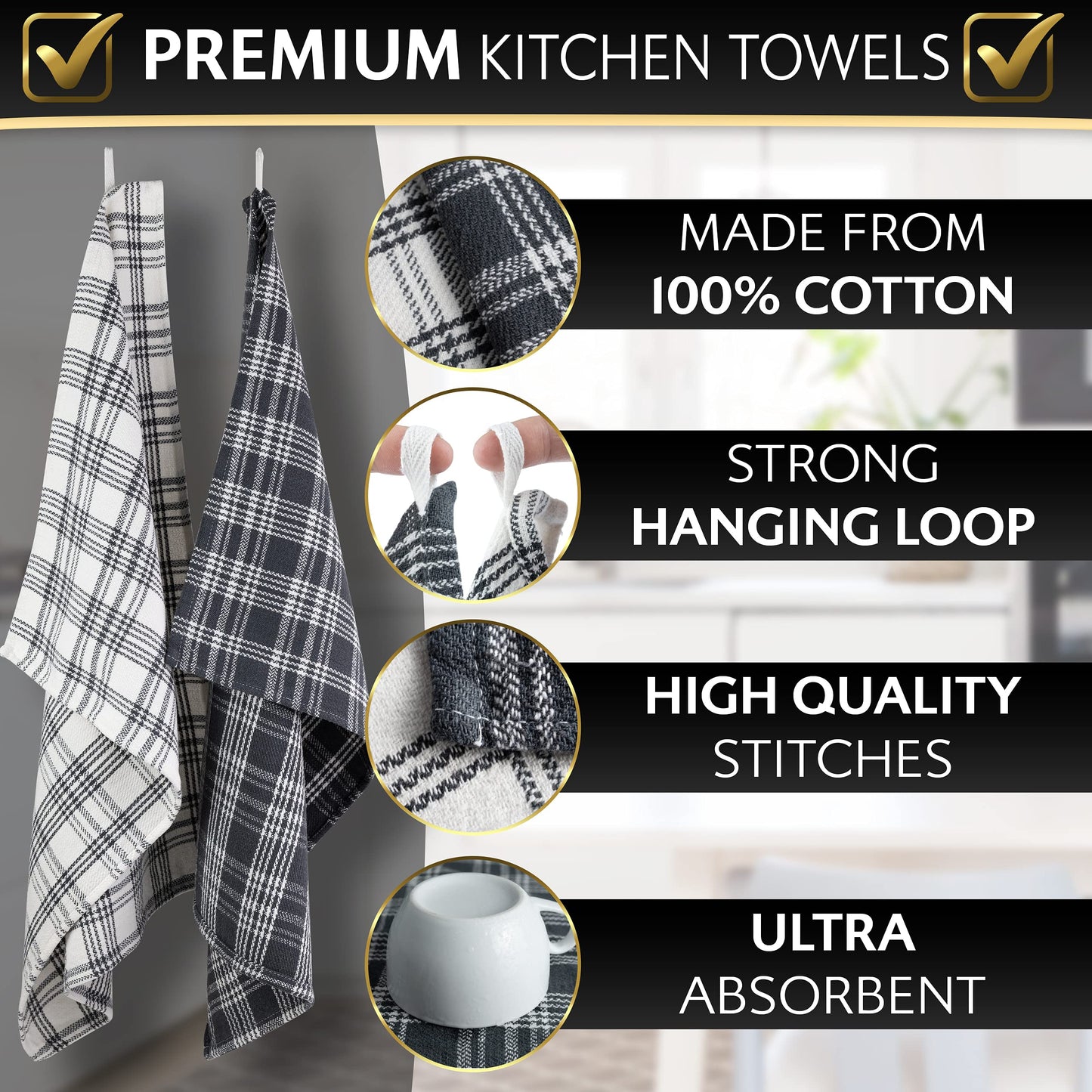 Kitchen Tea Towels Set of 6 – 100% Pure Cotton, Super Absorbent Dish Towels, Soft Lint-Free Cleaning Cloths, Quick Dry