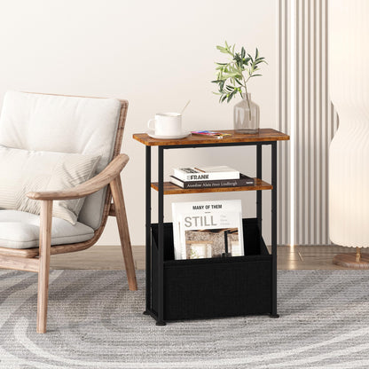 Yusong Narrow Side Table for Small Spaces, Skinny End Table with Storage Basket, 3 Tier Slim Sofa Couch Bedside Table, Thin Nightstand for Bedroom