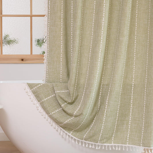 Plenmor Shower Curtain for Bathroom Heavy Weight Fabric Cotton Shower Curtain with Hooks Waterproof Stripe Bathtub Boho Curtain (Sage Green, W 70.9" x