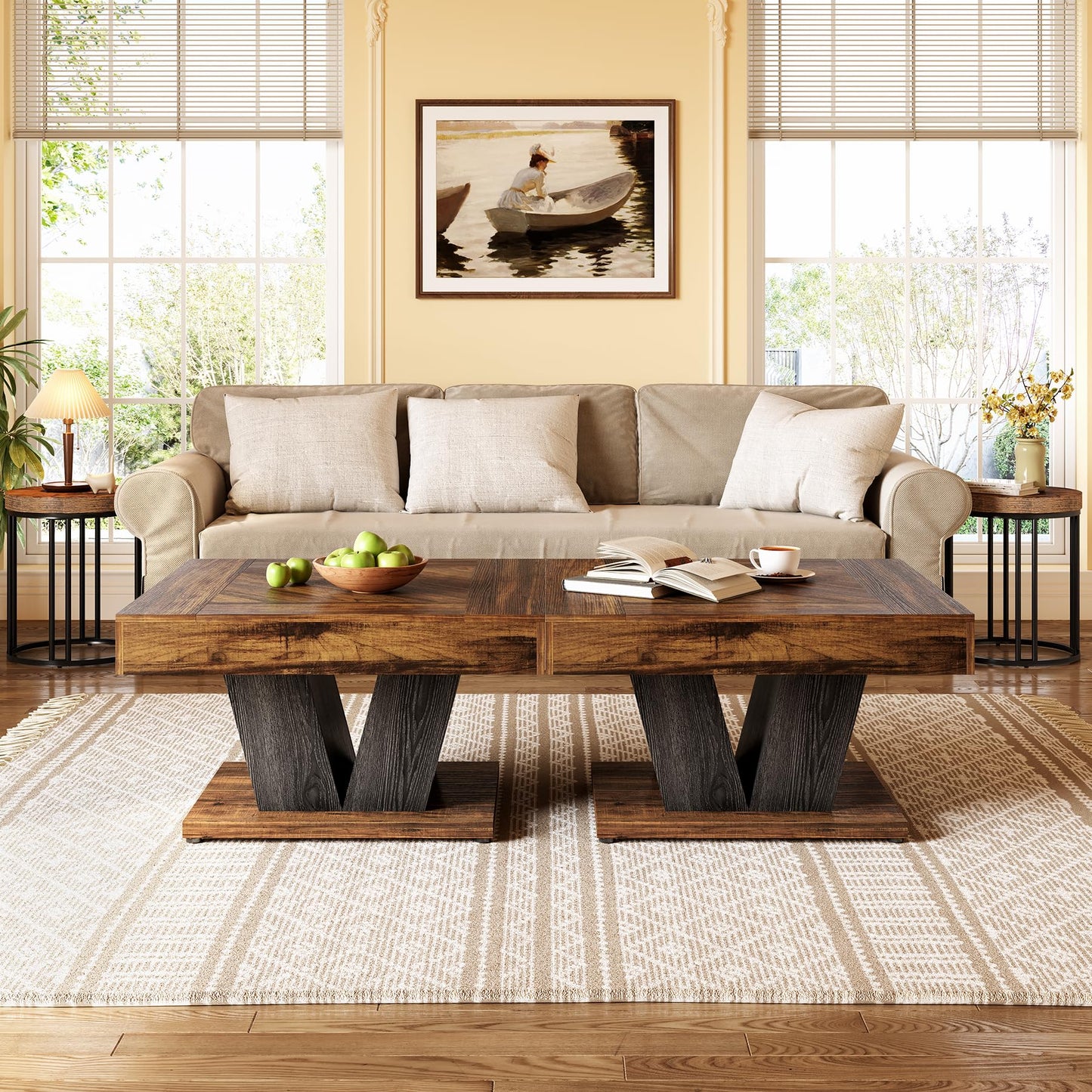 LITTLE TREE Square Coffee Table, Modern Rustic Coffee Table for Living Room, Wooden Table with Adjustable Feet, Brown
