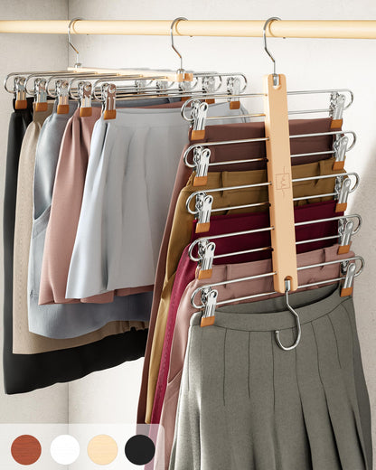 MORALVE Skirt Hangers Space Saving with Clips - 2 Pack - European Beechwood 5-Tier Hanger for Shorts, Skirts, and Trousers