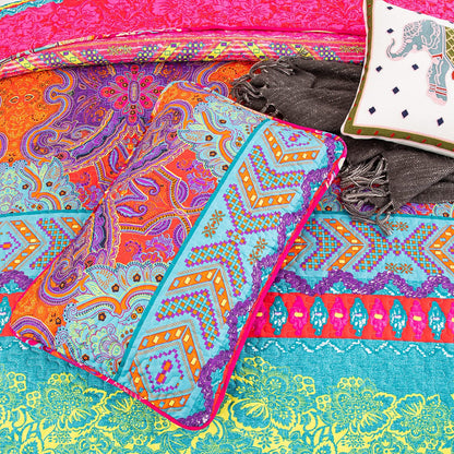 WONGS BEDDING Reversible Flower Bohemian Bedspread with 2 Pillowcases Colorful Floral Boho Pattern Bedspread Coverlet for All Season Soft Microfiber