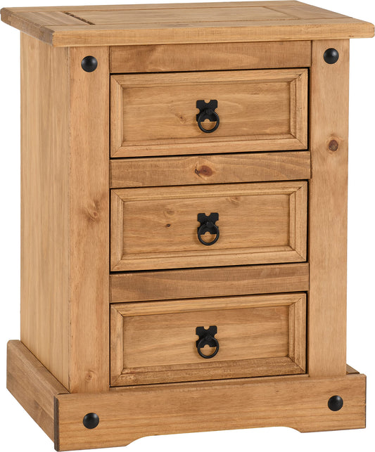 Seconique Corona 3 Drawer Bedside in Distressed Waxed Pine