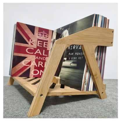 Bamboo Vinyl Record Holder - Stylish Chair Design, Holds Up to 80 12" LPs, Elegant Vinyl Record Storage, CD & Magazine Rack, Book Holder (Natural)