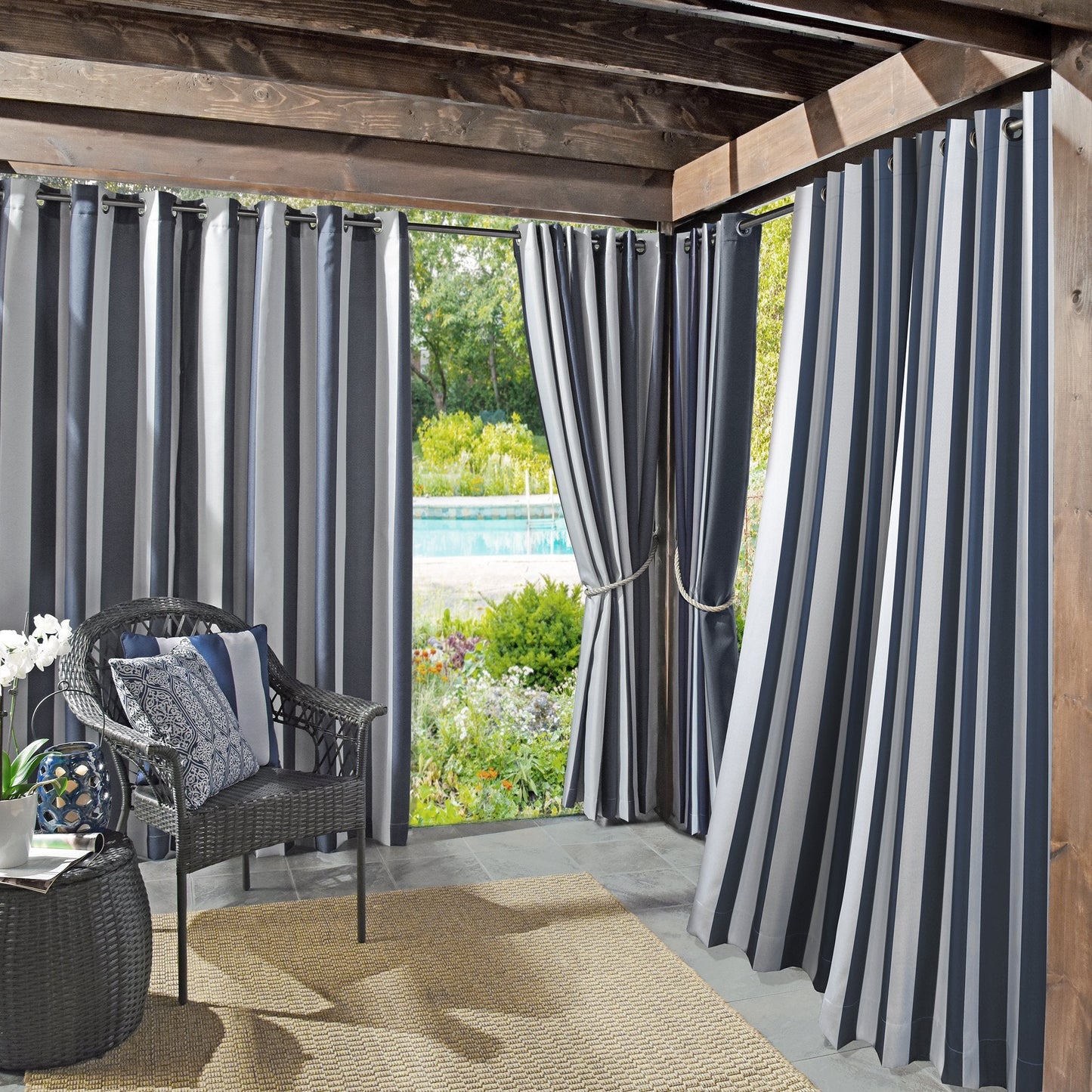 Sun Zero Valencia 2-Pack Cabana Stripe Indoor/Outdoor UV Protectant Energy Efficient Grommet Curtain Panel Pair, 54" x 84", Indigo