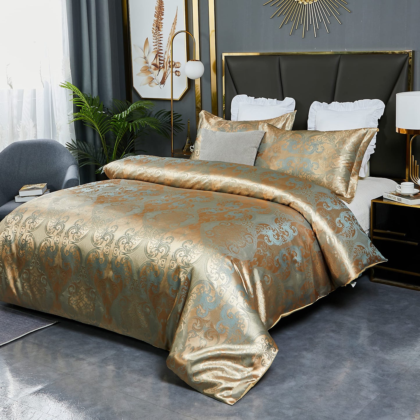HMtideby Jacquard Duvet Cover Set Double Microfiber Bedding Sets 3 pcs Gold Duvet Quilt Cover with 2 Matching Pillow Cases 200x200cm