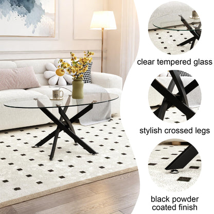 GOLDFAN Oval Glass Coffee Table with Black Metal Legs, Modern Clear Tempered Glass Centre Table for Living Room, Office or Apartment