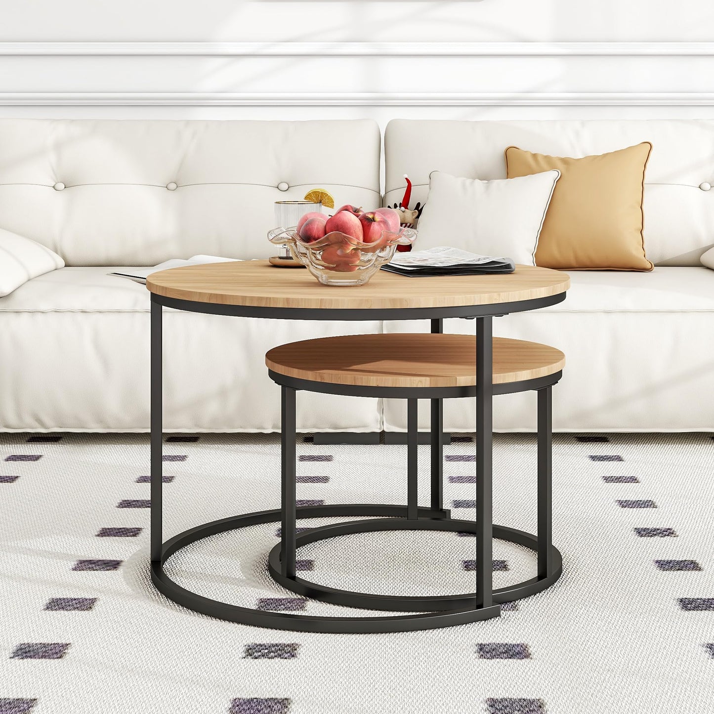 BOFENG Round Nesting Coffee Table, Set of 2 End Tables for Living Room/Bedroom/Small Space (Black+Oakdk, Set of 2)