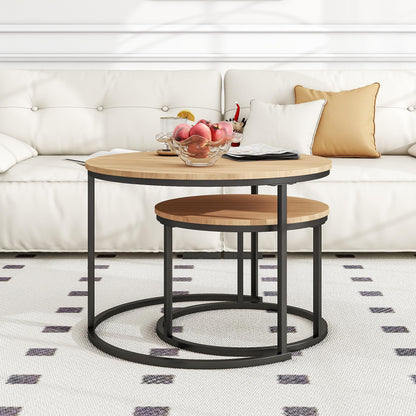 BOFENG Round Nesting Coffee Table, Set of 2 End Tables for Living Room/Bedroom/Small Space (Black+Oakdk, Set of 2)