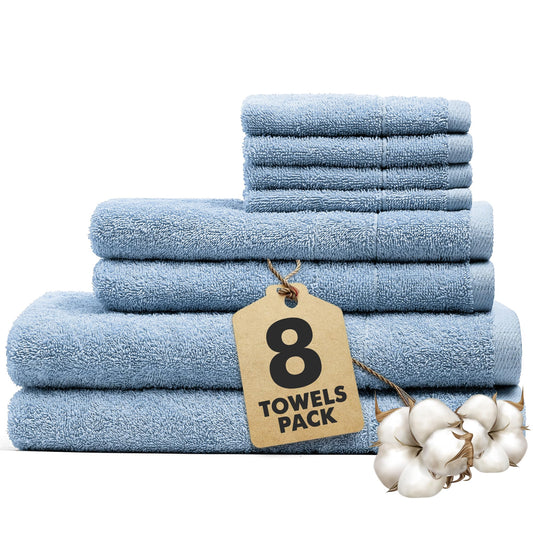 Novo Home Bath Towels Set of 8 ? 100% Cotton Sky BlueTowel Set Bale Includes 2 Bath, 2 Hand, 4 Face Towels ? Soft, Absorbent & Quick Dry Towel for
