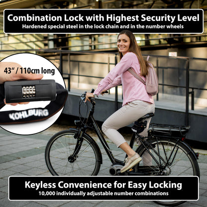 KOHLBURG Heavy Duty Combination Bike Lock [Sold Secure Gold] 43"/110cm Long with Maximum Security ? Anti Theft Bike Chain Lock with Numeric Code & 8mm