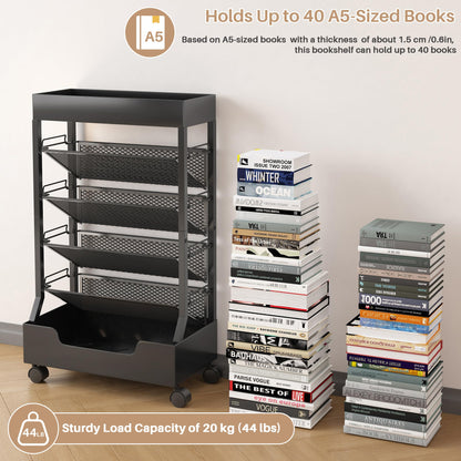 Ornestia Metal Book Trolley, Mobile Storage Bookcase with Wheels(Black)