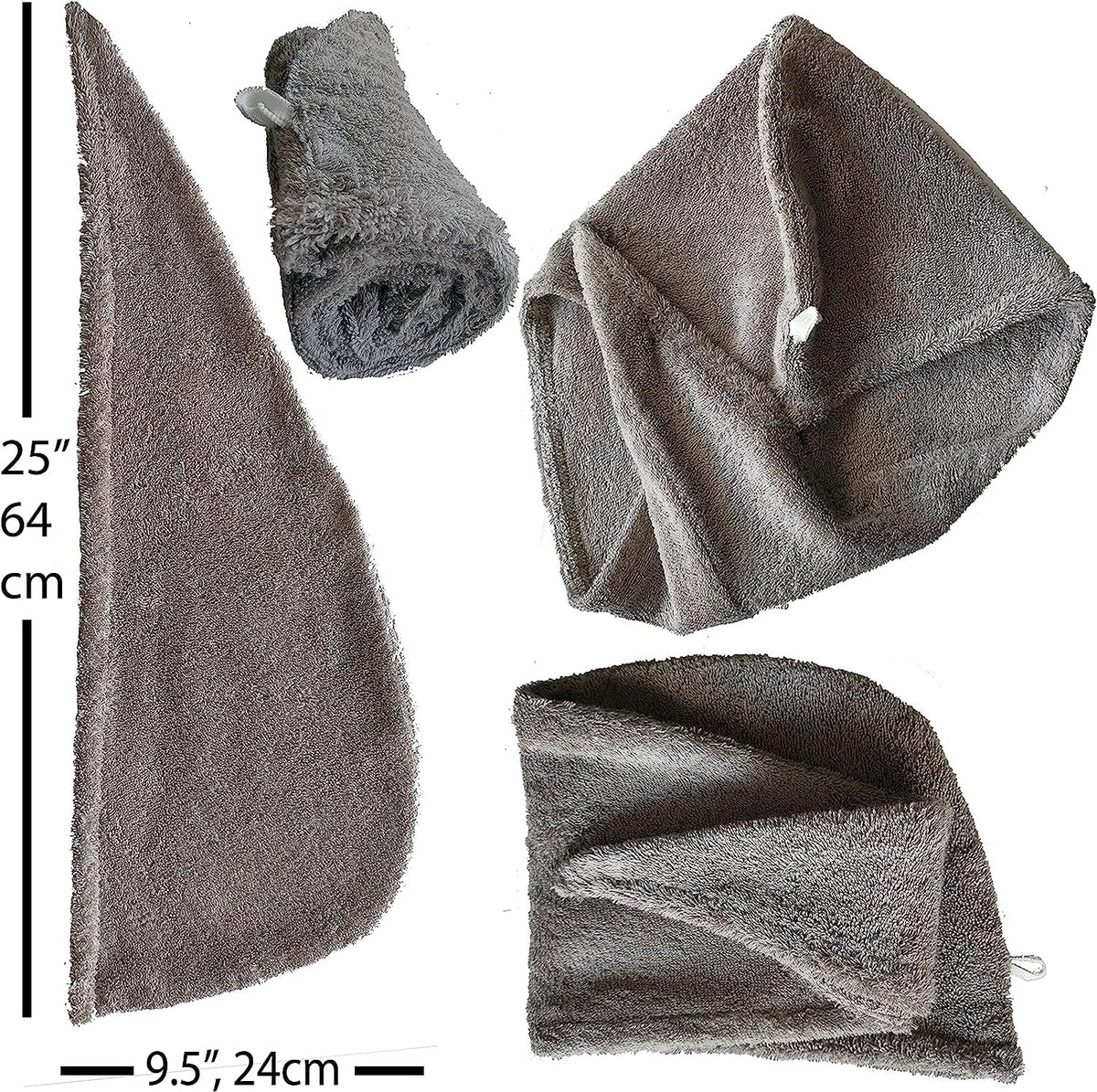 LLAMAXY 100% Pure Organic Cotton Hair Towel - Quick Twist Rapid Dry Turban Cap for Adults and Children - 3 Pack Grey