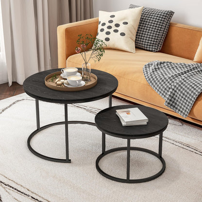 HOJINLINERO Round Coffee Table Side Table Set of 2 for Living Room,Black Coffee Table Nesting Tables Metal Frame with Wood Look,Sturdy and Easy