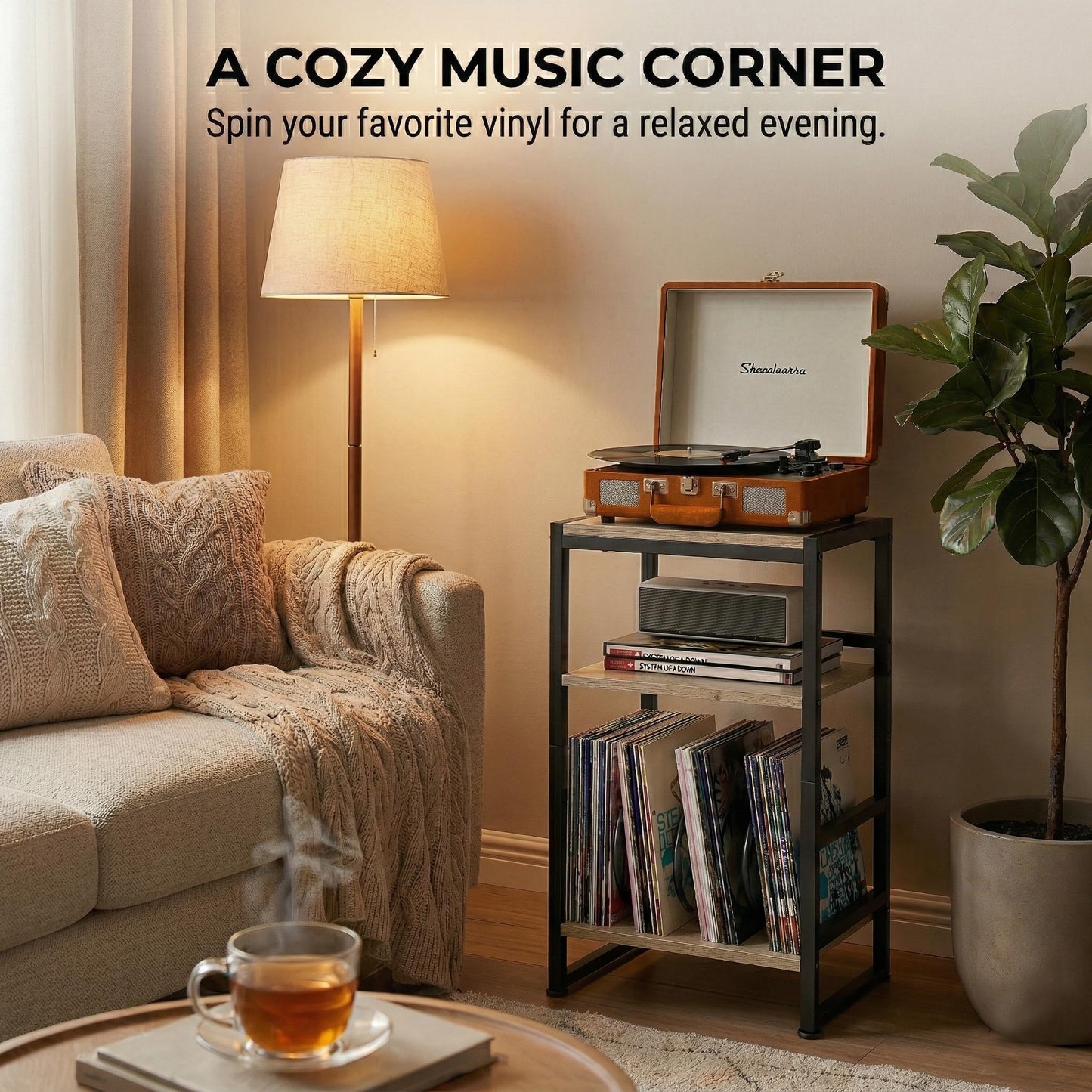 ZEXVIDA Vinyl Record Player Stand, 3-Tier End Table with Vinyl Record Storage, Record Player Table Holder Cabinet Up to 120 Albums for Living Room