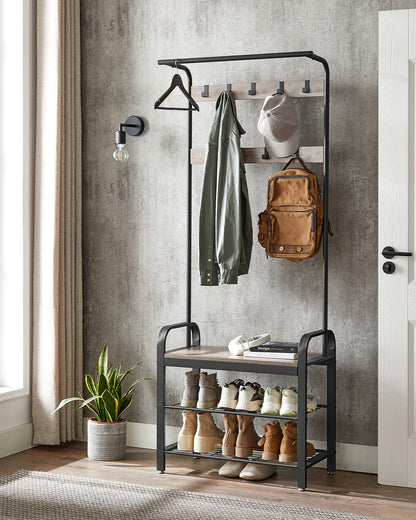 VASAGLE Coat Rack, Coat Stand with Shoe Storage Bench, 4-in-1 Design, with 9 Removable Hooks, a Clothes Rail, for Hallway, Entrance, 34 x 72 x 183 cm,