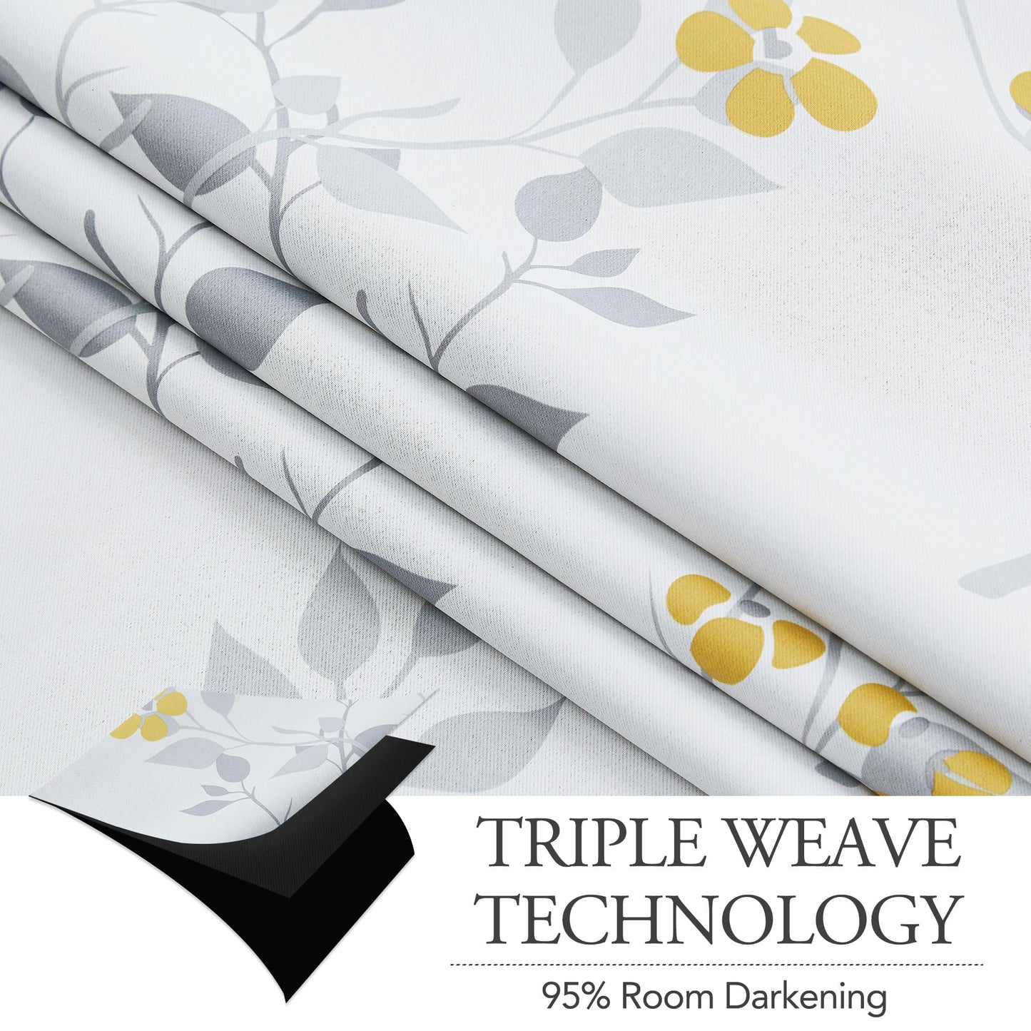 Beauoop Yellow Grey Floral Blackout Curtains for Bedroom Living Room 72 Inch Drop Leaf Print Eyelet Curtain Botanical Thermal Insulated Noise Reducing